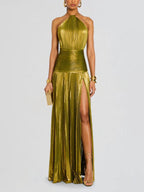 Trendy Metallic Plissé Halter Gown