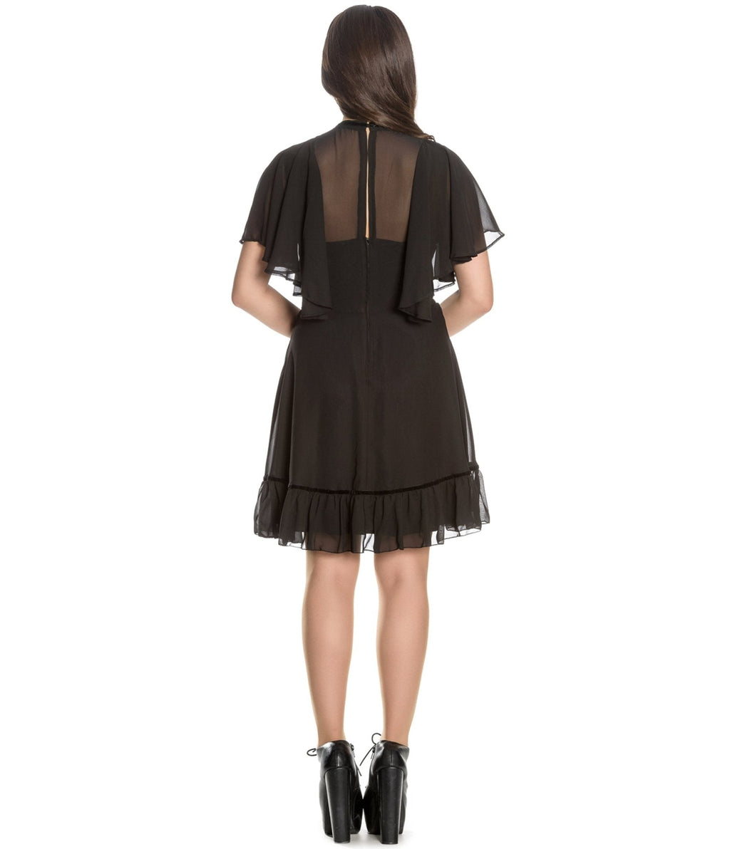 Hell Bunny 1940s Retro Black Mesh Sleeved Imperia Flare Dress