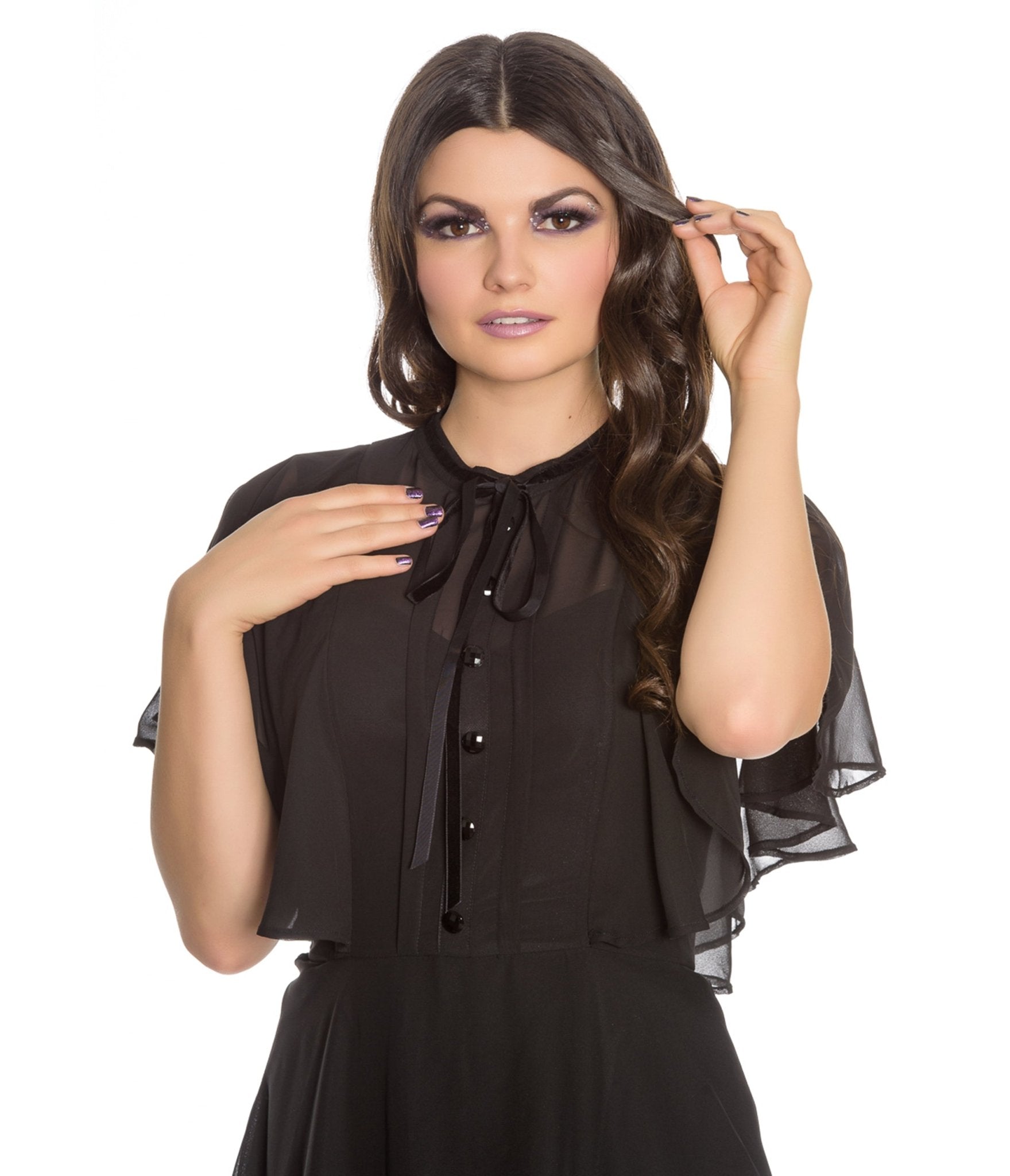 Hell Bunny 1940s Retro Black Mesh Sleeved Imperia Flare Dress