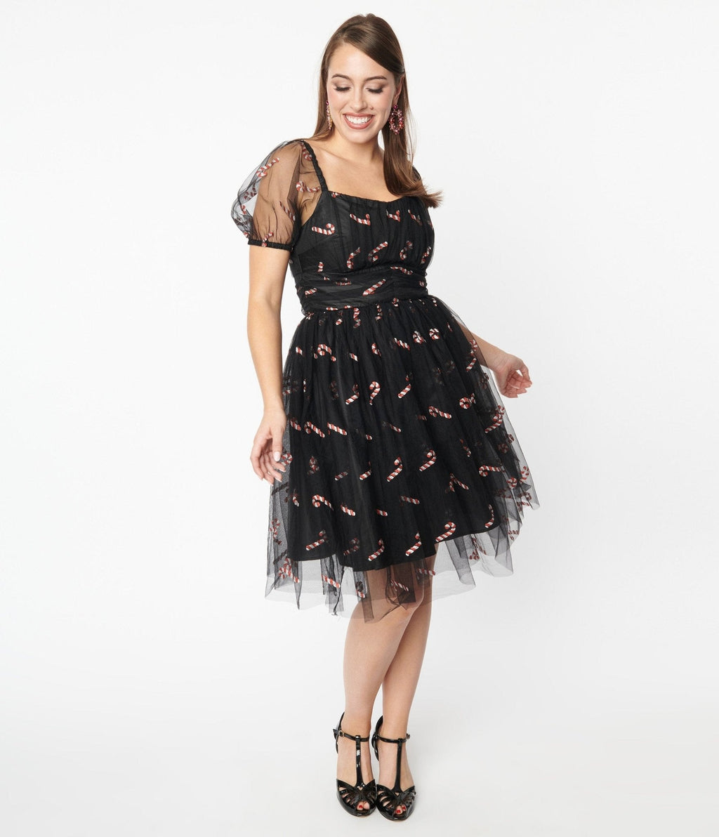 Black & Glitter Candy Canes Babydoll Dress