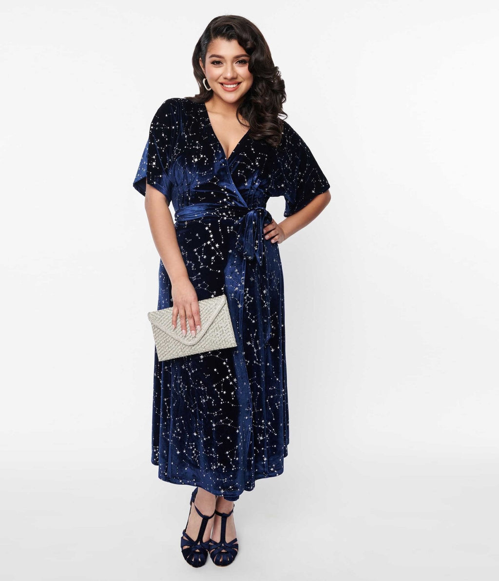 1970s Navy & Silver Stars Velvet Wrap Midi Dress