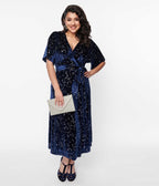1970s Navy & Silver Stars Velvet Wrap Midi Dress