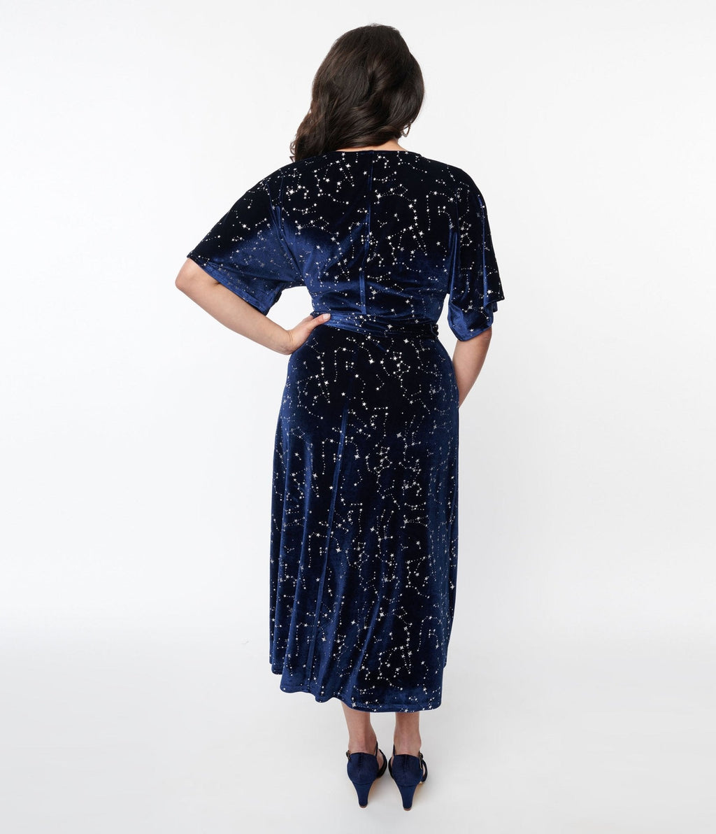 1970s Navy & Silver Stars Velvet Wrap Midi Dress
