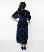 1970s Navy & Silver Stars Velvet Wrap Midi Dress