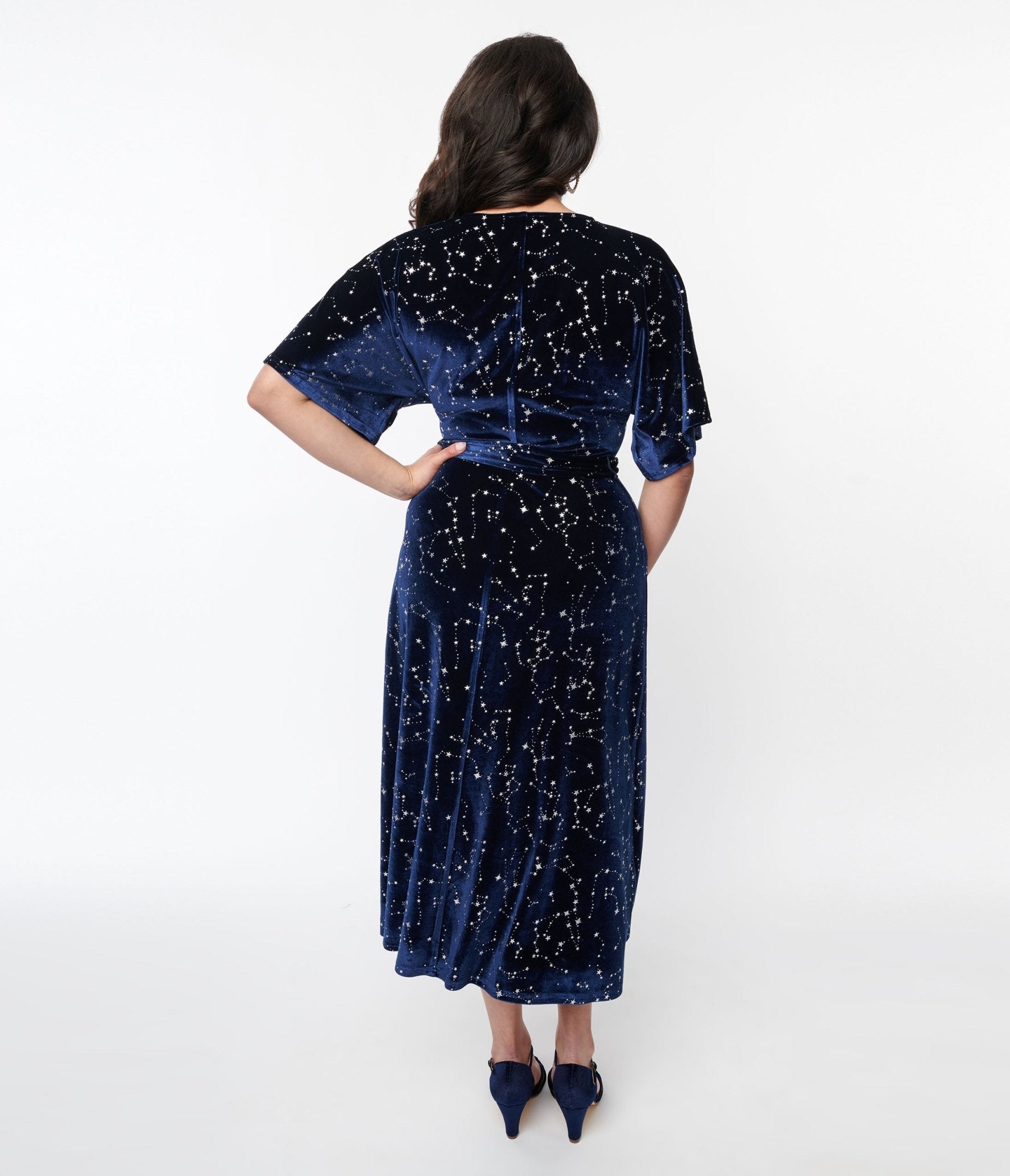 1970s Navy & Silver Stars Velvet Wrap Midi Dress