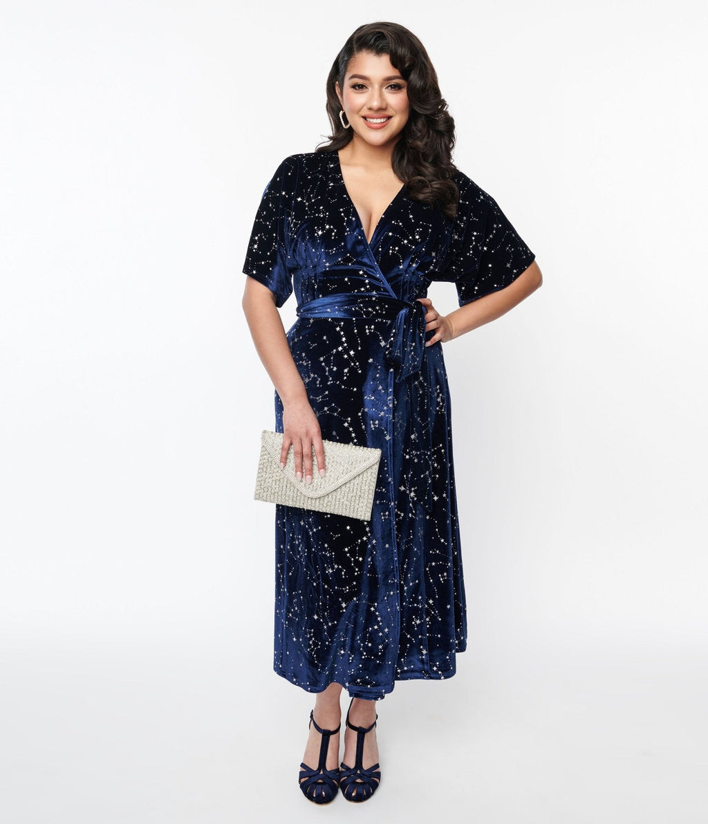 1970s Navy & Silver Stars Velvet Wrap Midi Dress
