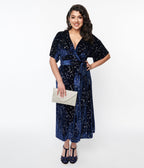 1970s Navy & Silver Stars Velvet Wrap Midi Dress
