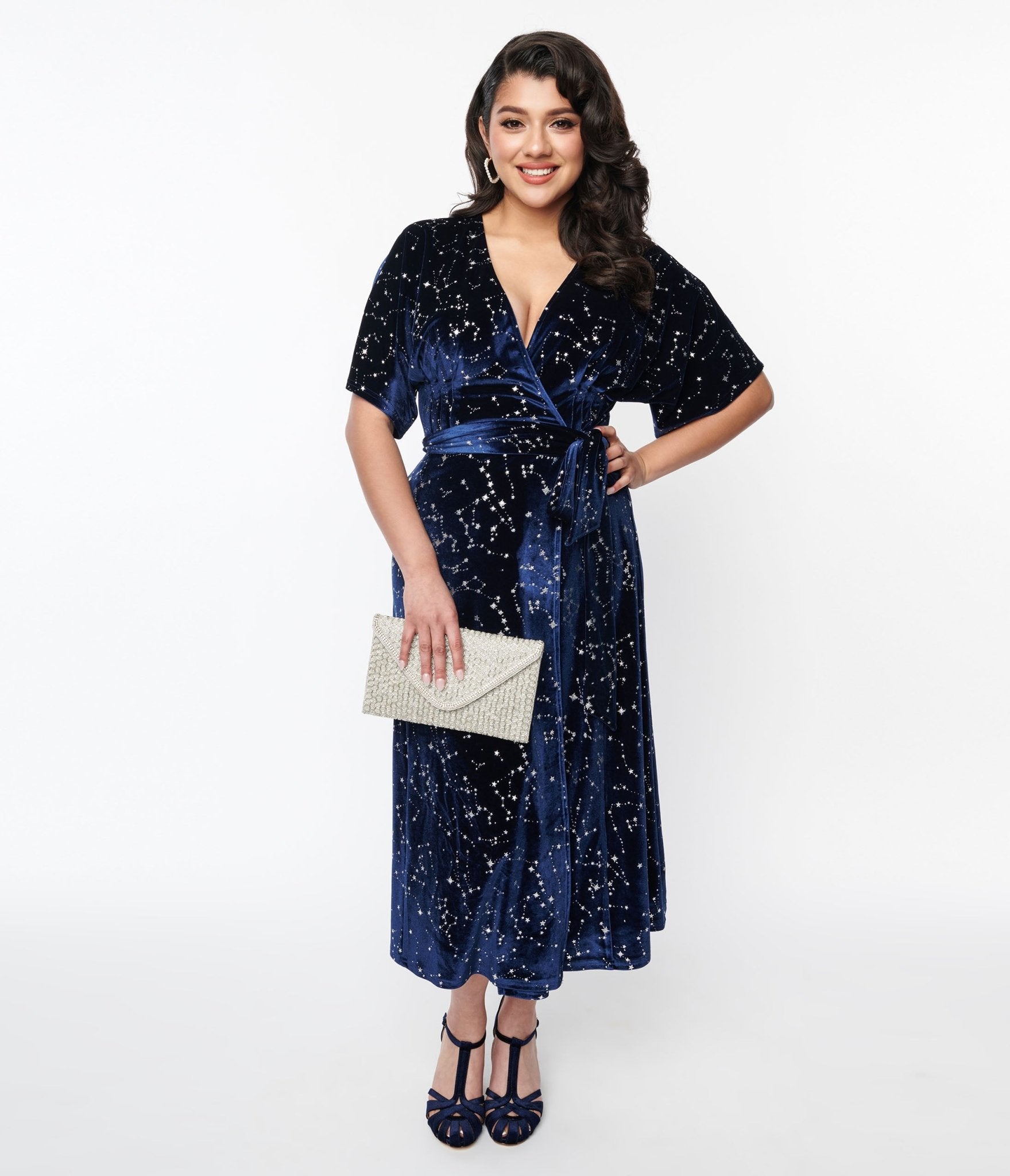 1970s Navy & Silver Stars Velvet Wrap Midi Dress