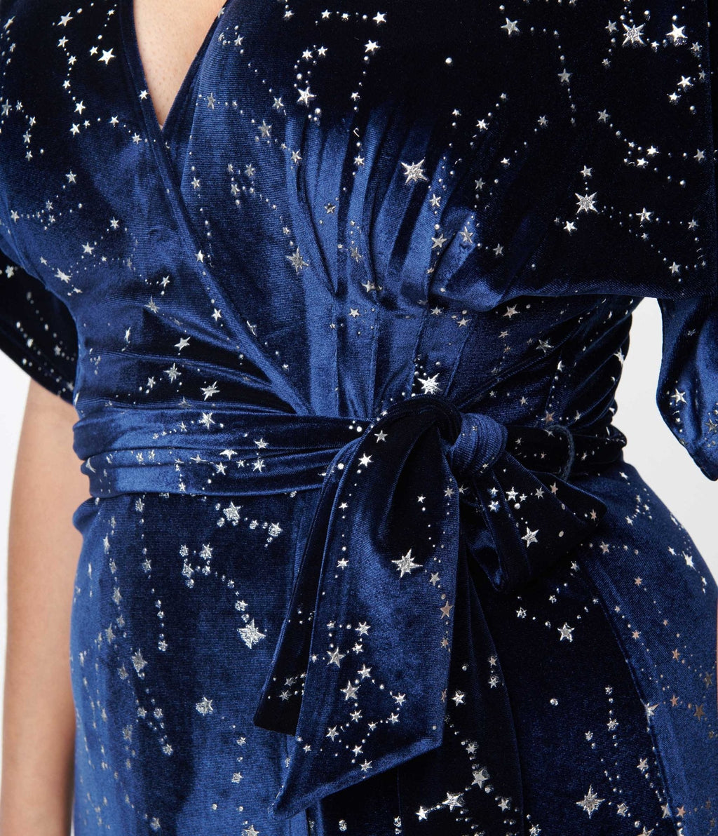 1970s Navy & Silver Stars Velvet Wrap Midi Dress
