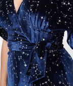 1970s Navy & Silver Stars Velvet Wrap Midi Dress