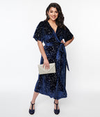 1970s Navy & Silver Stars Velvet Wrap Midi Dress
