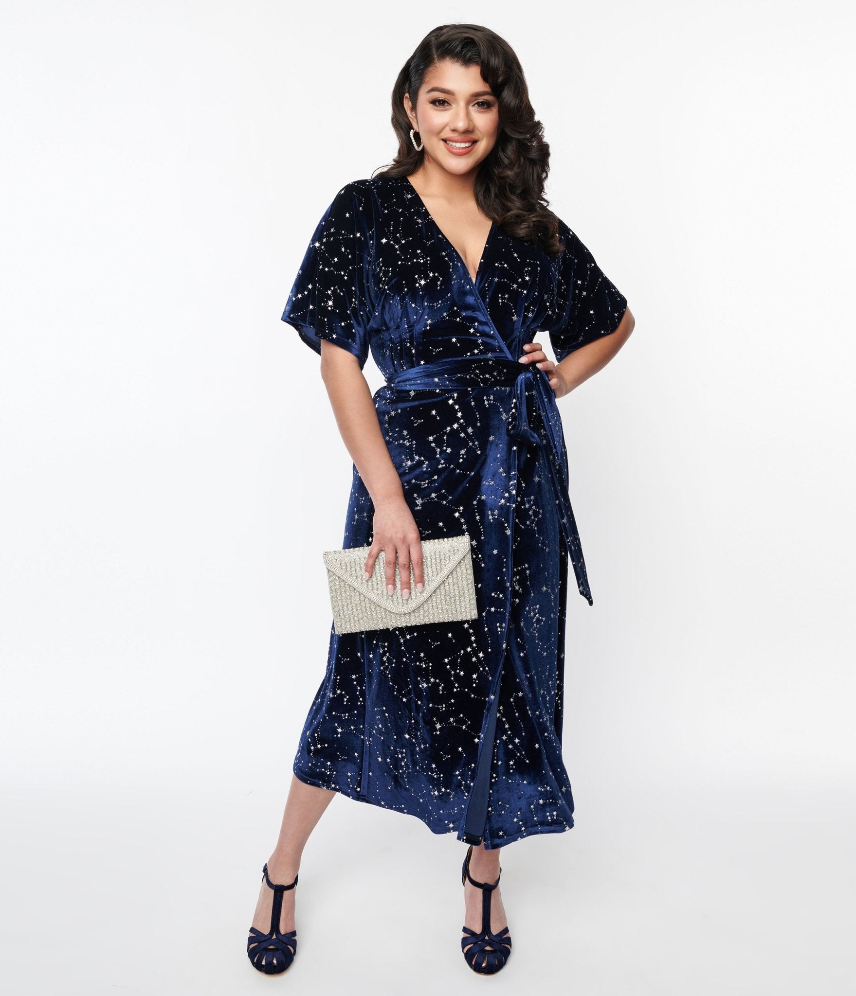 1970s Navy & Silver Stars Velvet Wrap Midi Dress