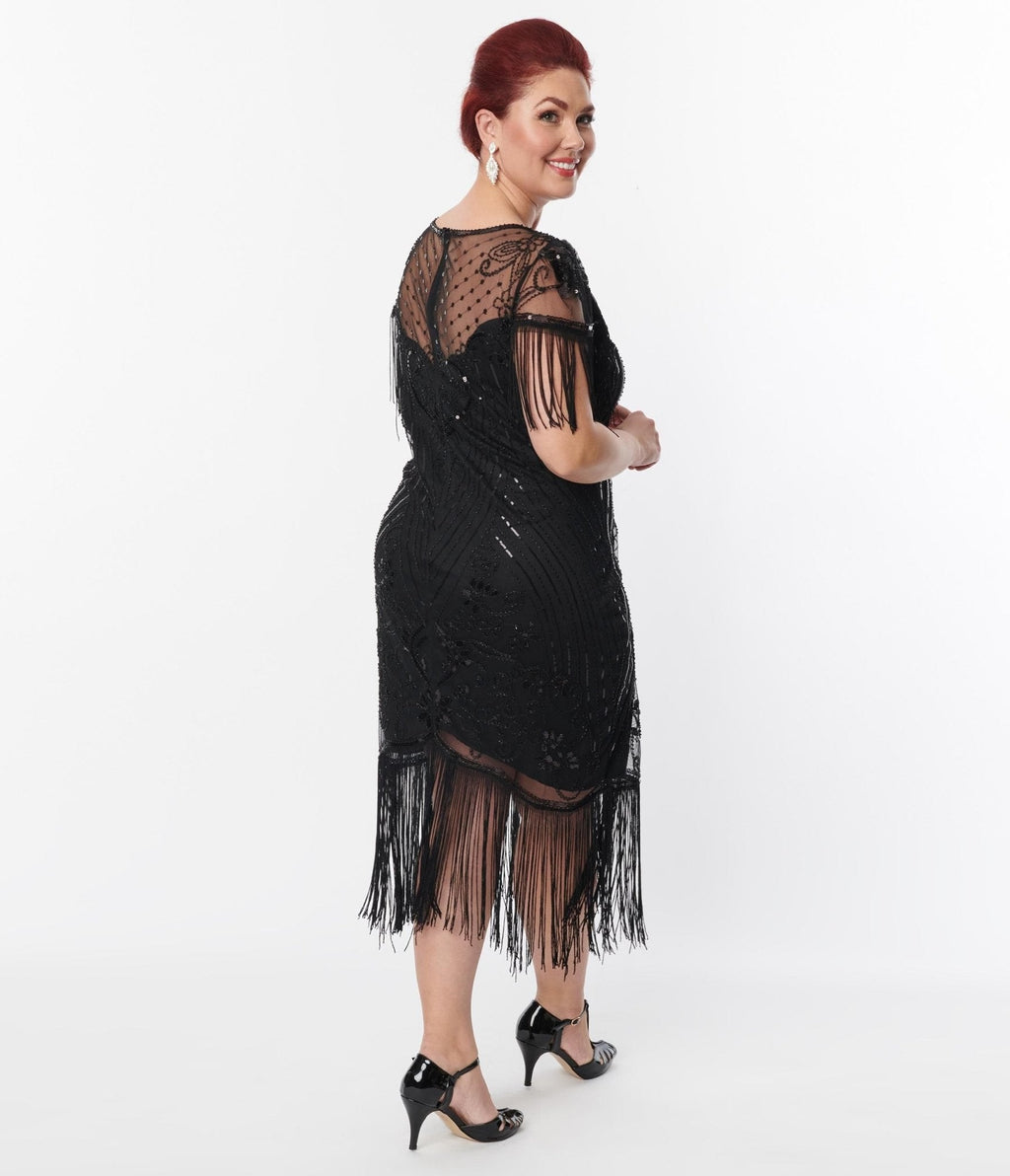 Plus Size 1920s Black Beaded Fringe Sleeve Nadine Flapper Dress