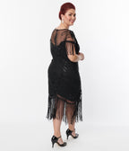 Plus Size 1920s Black Beaded Fringe Sleeve Nadine Flapper Dress