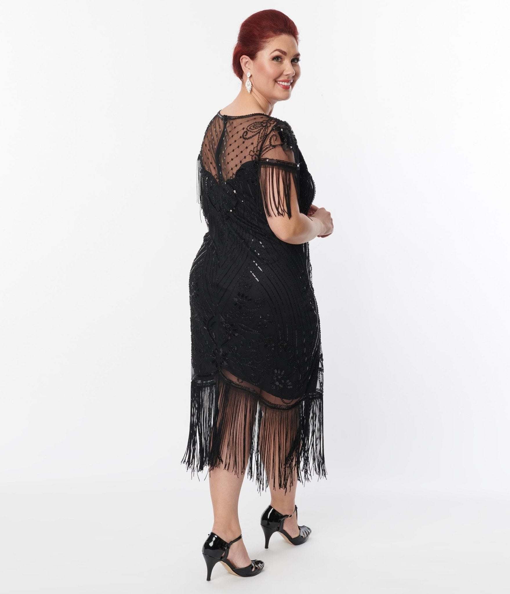 Plus Size 1920s Black Beaded Fringe Sleeve Nadine Flapper Dress