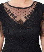 Plus Size 1920s Black Beaded Fringe Sleeve Nadine Flapper Dress