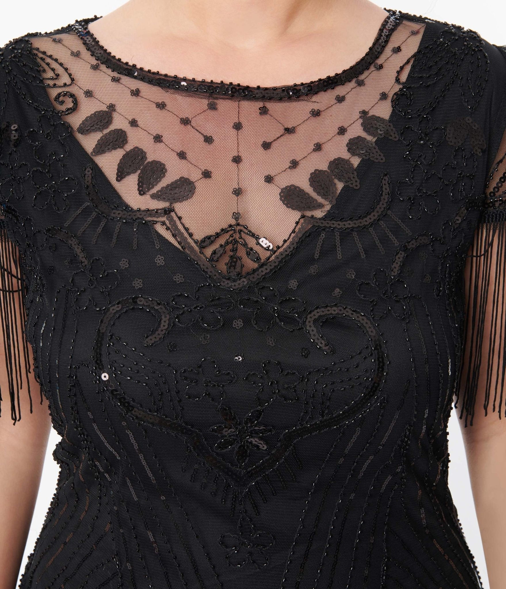 Plus Size 1920s Black Beaded Fringe Sleeve Nadine Flapper Dress