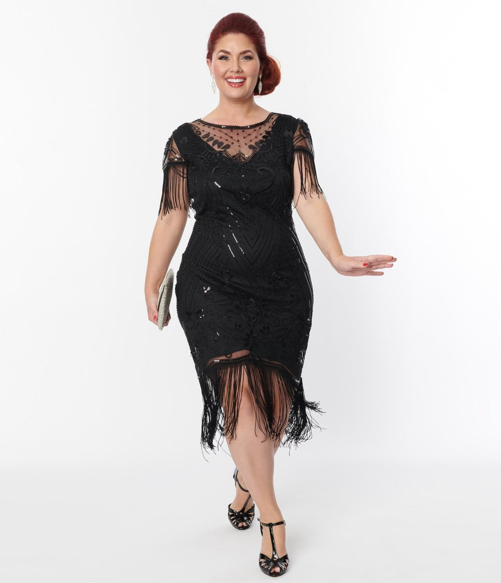 Plus Size 1920s Black Beaded Fringe Sleeve Nadine Flapper Dress