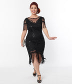 Plus Size 1920s Black Beaded Fringe Sleeve Nadine Flapper Dress