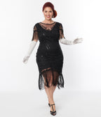 Plus Size 1920s Black Beaded Fringe Sleeve Nadine Flapper Dress