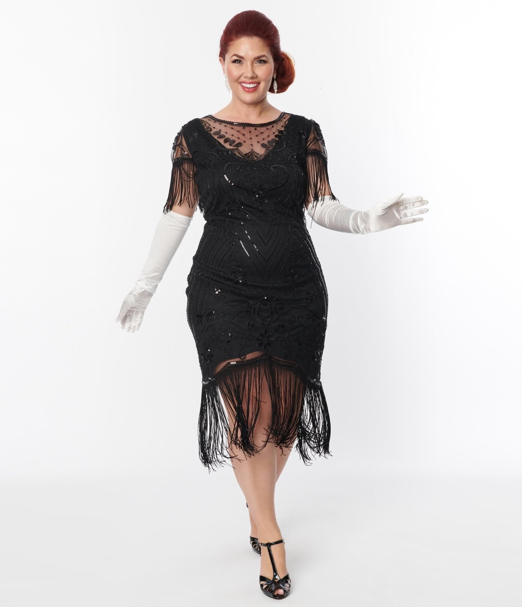 Plus Size 1920s Black Beaded Fringe Sleeve Nadine Flapper Dress