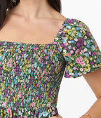 Purple Ditsy Floral Smocked Bodice Midi Dress
