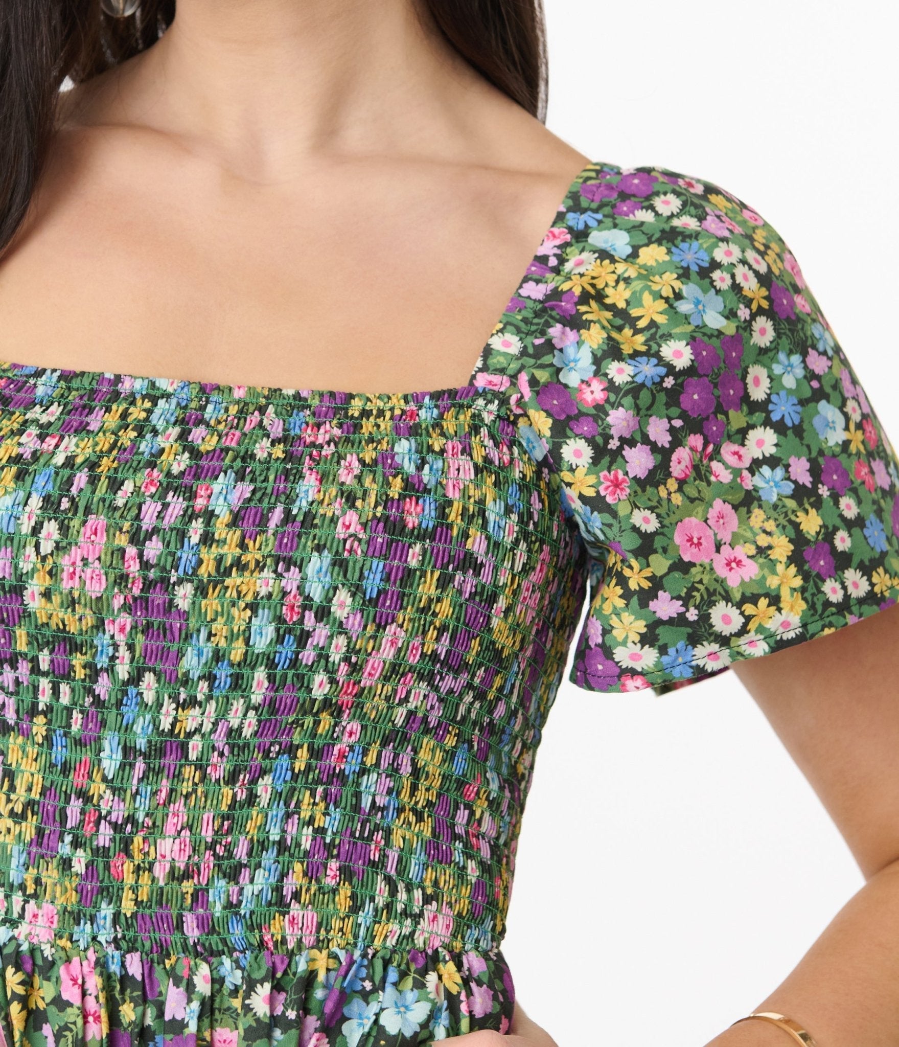 Purple Ditsy Floral Smocked Bodice Midi Dress