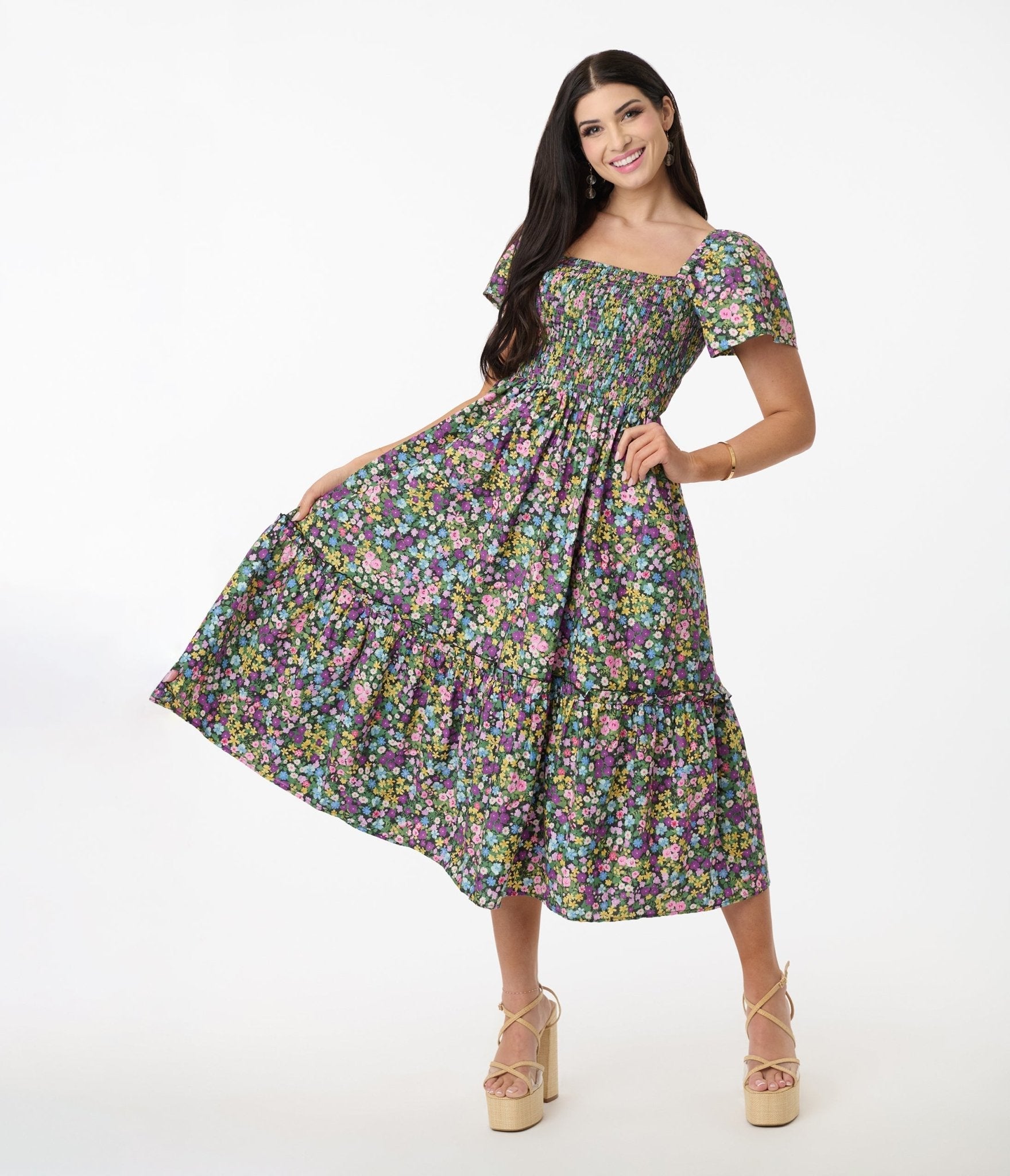 Purple Ditsy Floral Smocked Bodice Midi Dress