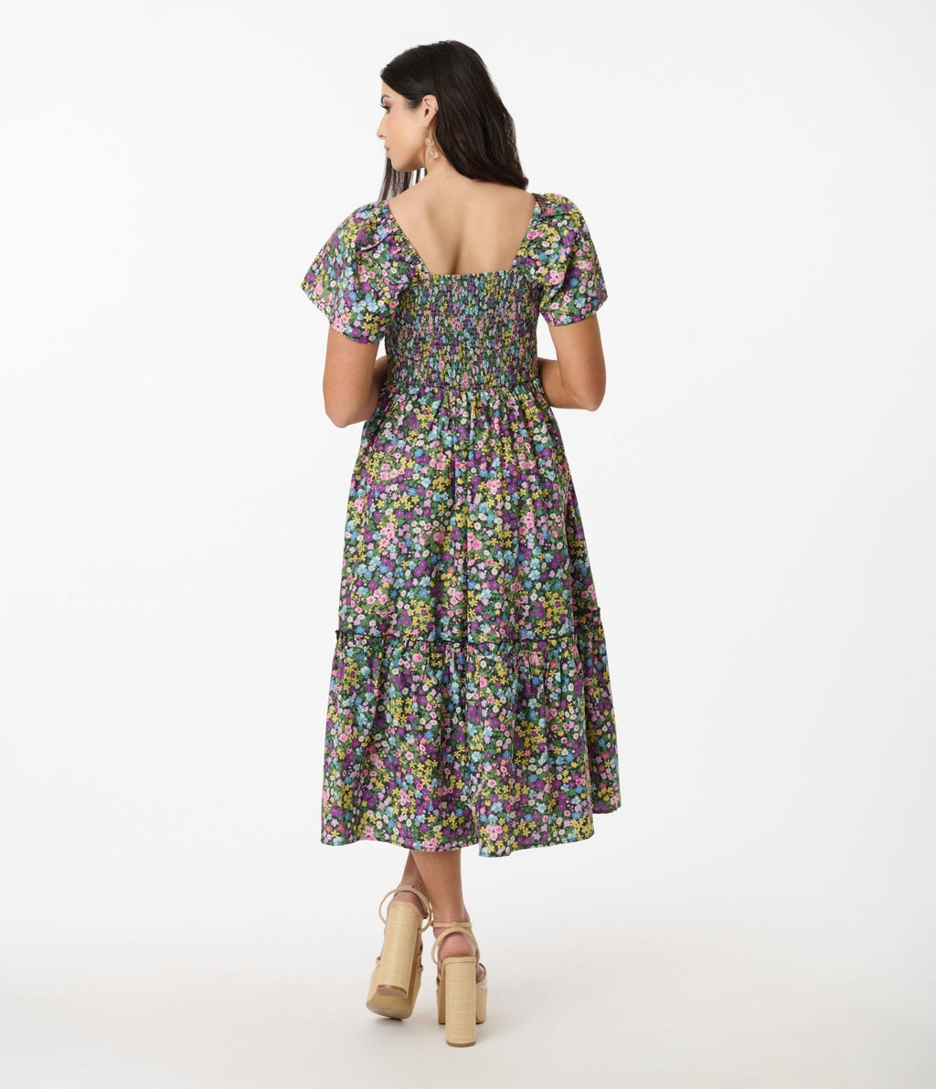 Purple Ditsy Floral Smocked Bodice Midi Dress