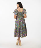 Purple Ditsy Floral Smocked Bodice Midi Dress