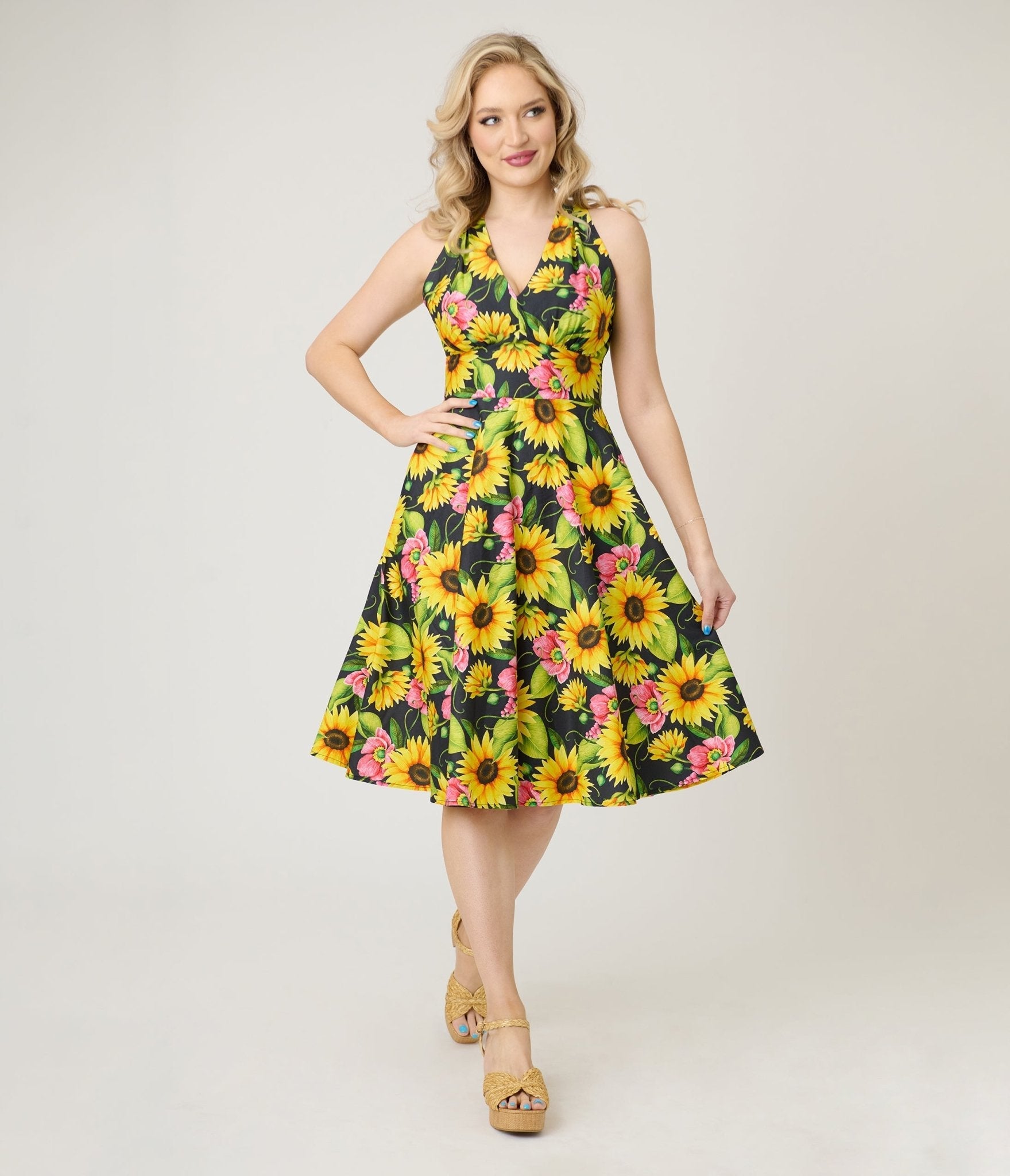 Sunflower Cotton Halter Swing Dress